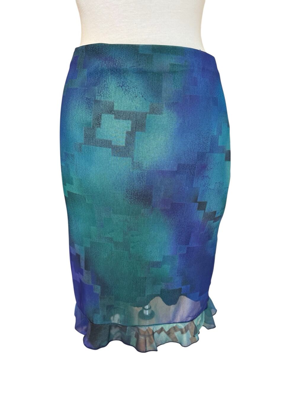 Vintage 90s Y2K Geometric Mesh Pencil Skirt with Ruffle Size Large Purple Blue